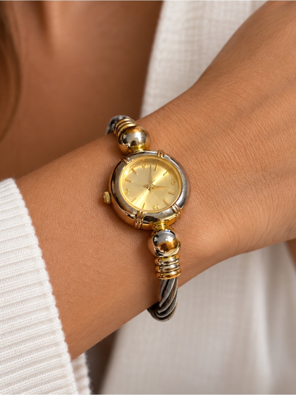 Vintage 23K Gold Plated Two-Tone Cable Cuff Bracelet Watch